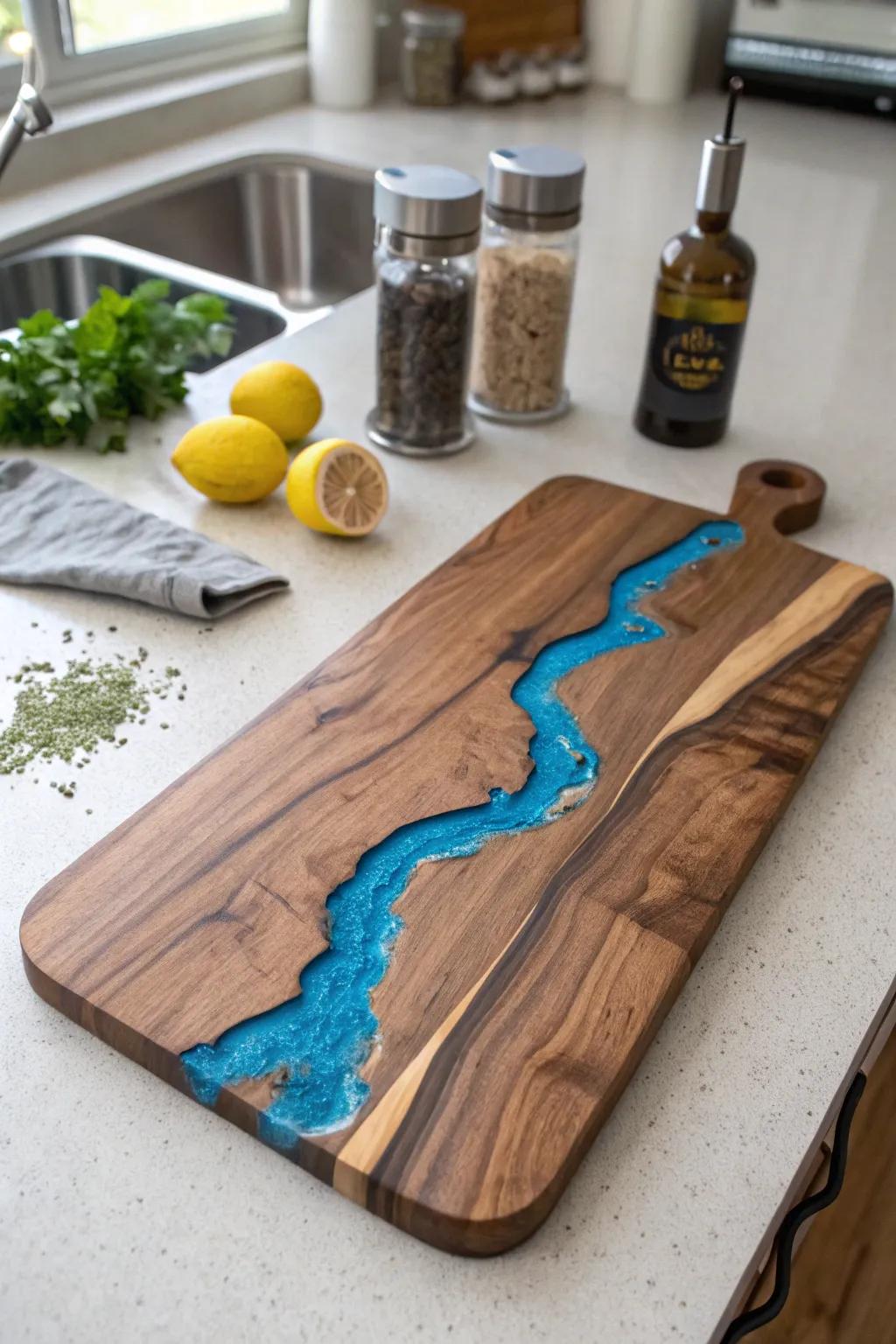 Epoxy river cutting board, blending beauty and functionality.