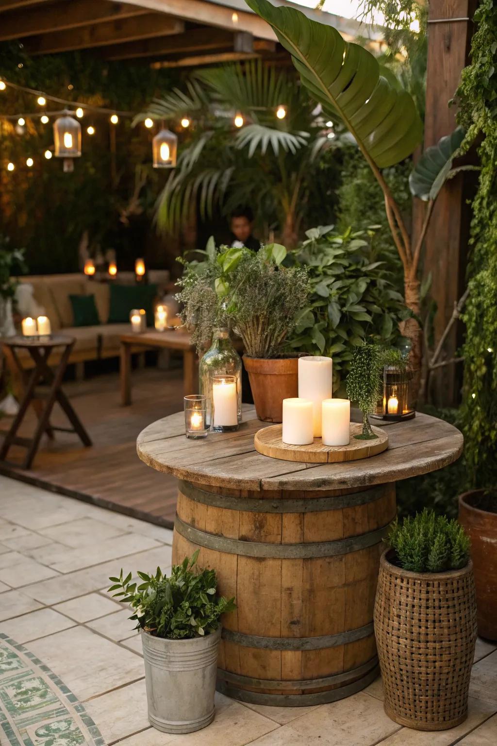 Rustic cocktail table decor featuring wood and greenery.