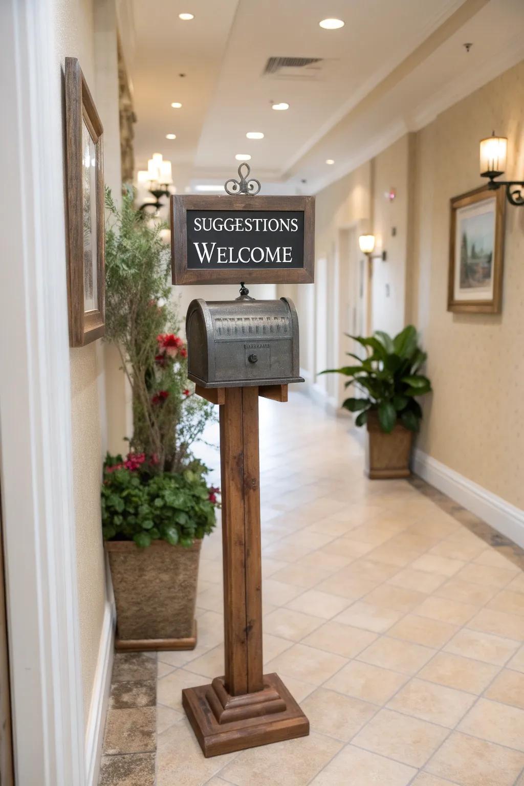 A vintage mailbox turned suggestion box in a stylish hallway.