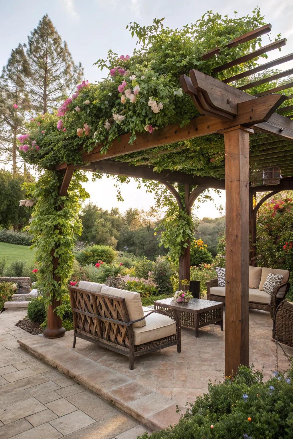 A vine-covered pergola offers natural shade and beauty.