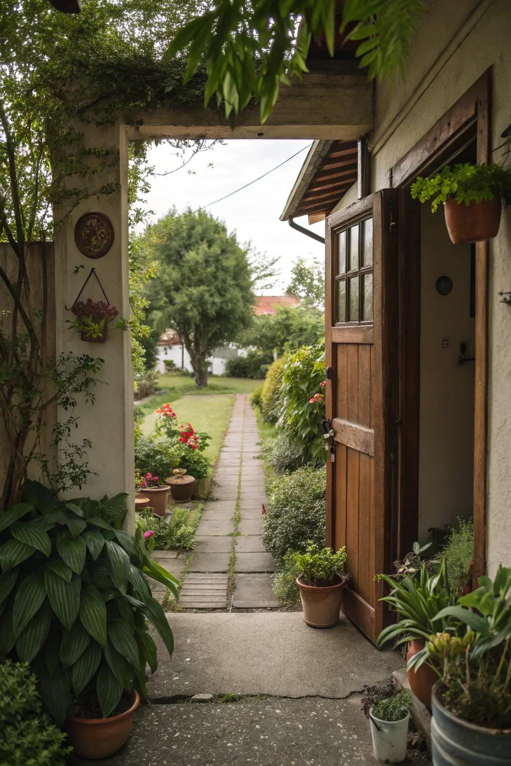 Potted plants add greenery and charm to the entrance.