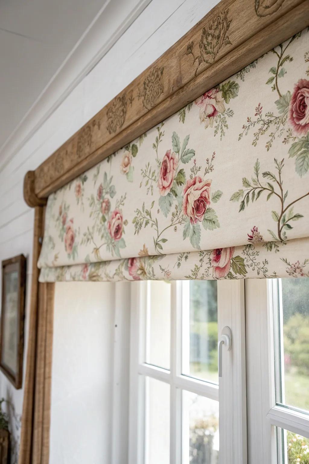 Elevate your space with a touch of nostalgia using vintage floral fabrics for a charming cornice board.