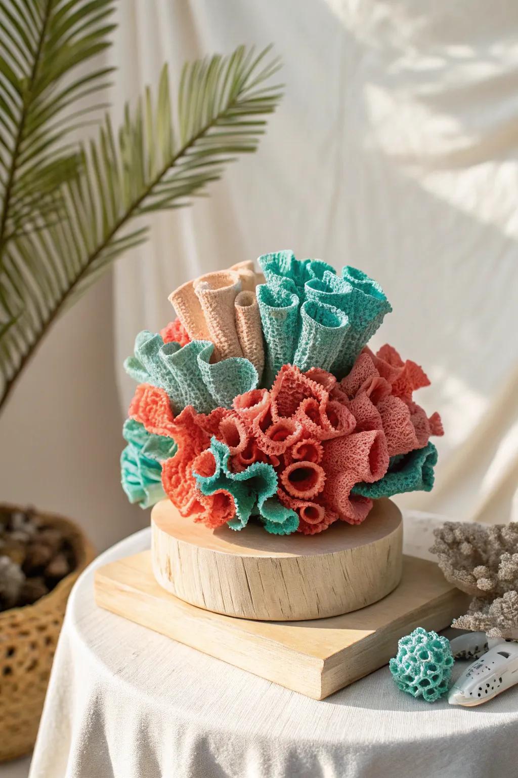 Bring the ocean's vibrant beauty indoors with this stunning fabric coral reef sculpture.