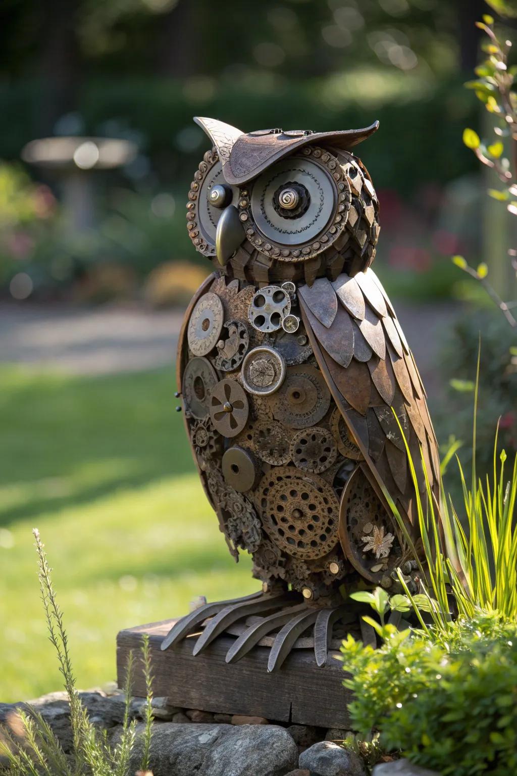 Transform scrap into stunning garden art: Meet the whimsical owl that captivates every glance.