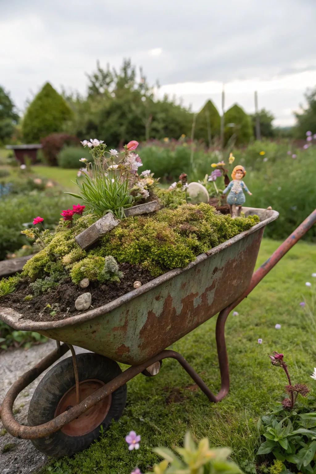 A whimsical fairy garden created in a vintage wheelbarrow.