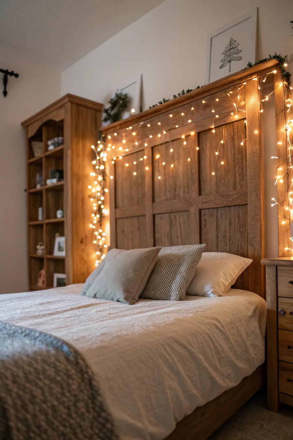 A unique headboard highlighted by the twinkle of fairy lights.