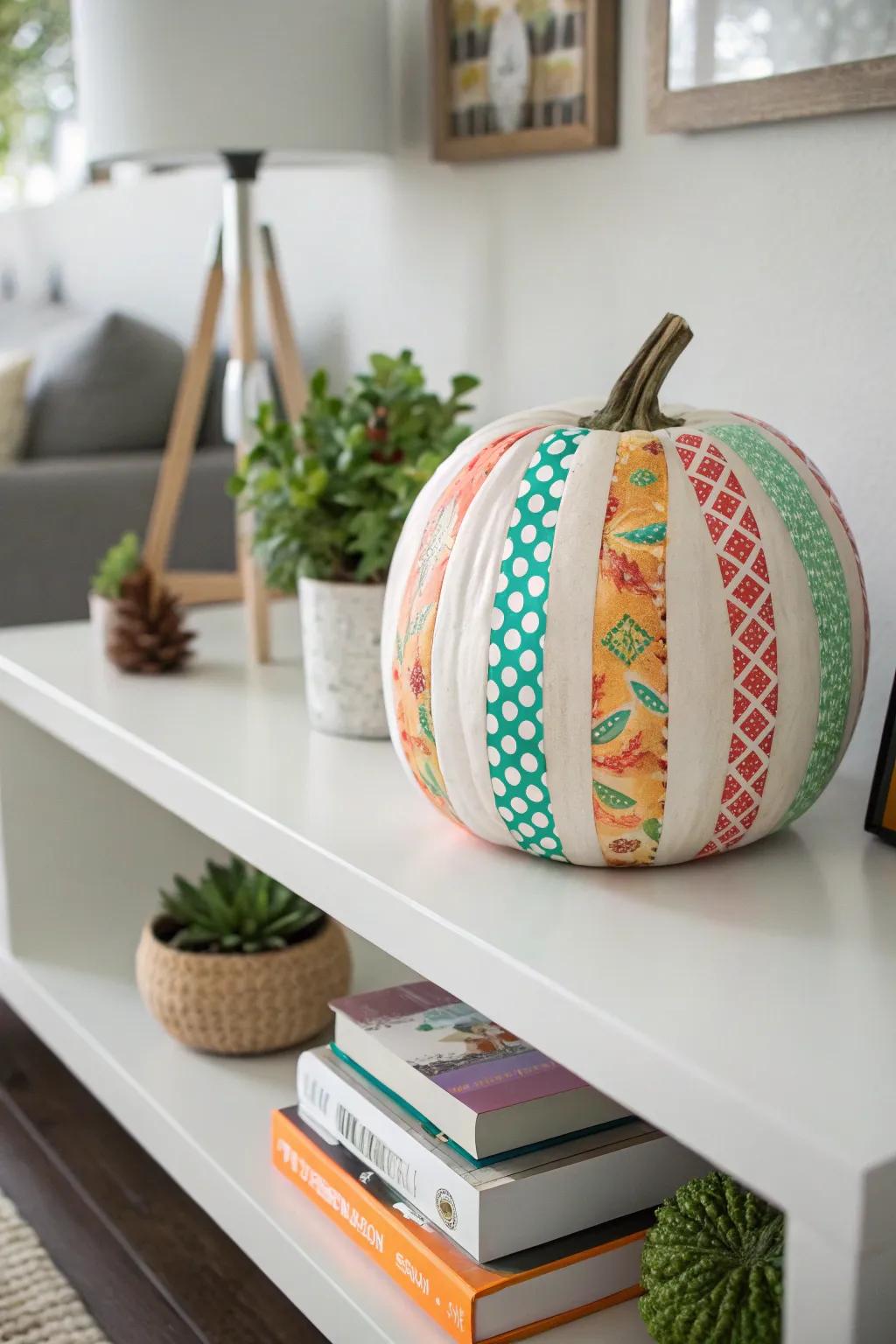 Washi tape patterns bring vibrant colors and fun designs to your pumpkin.