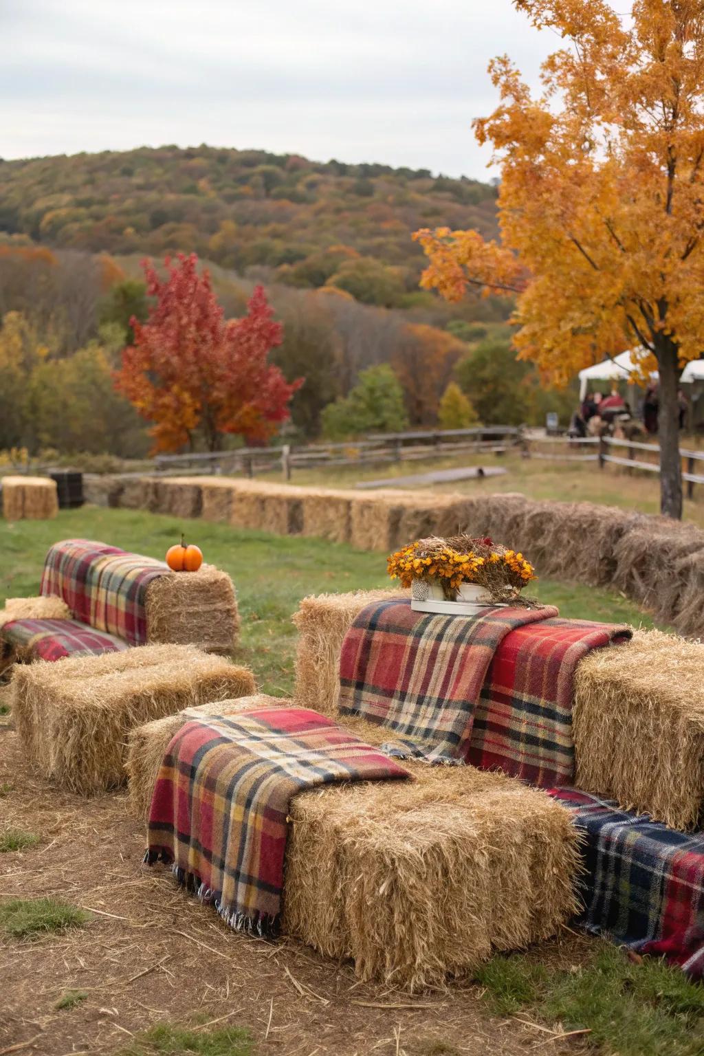 Hay bales with plaid blankets create inviting seating at a fall festival.