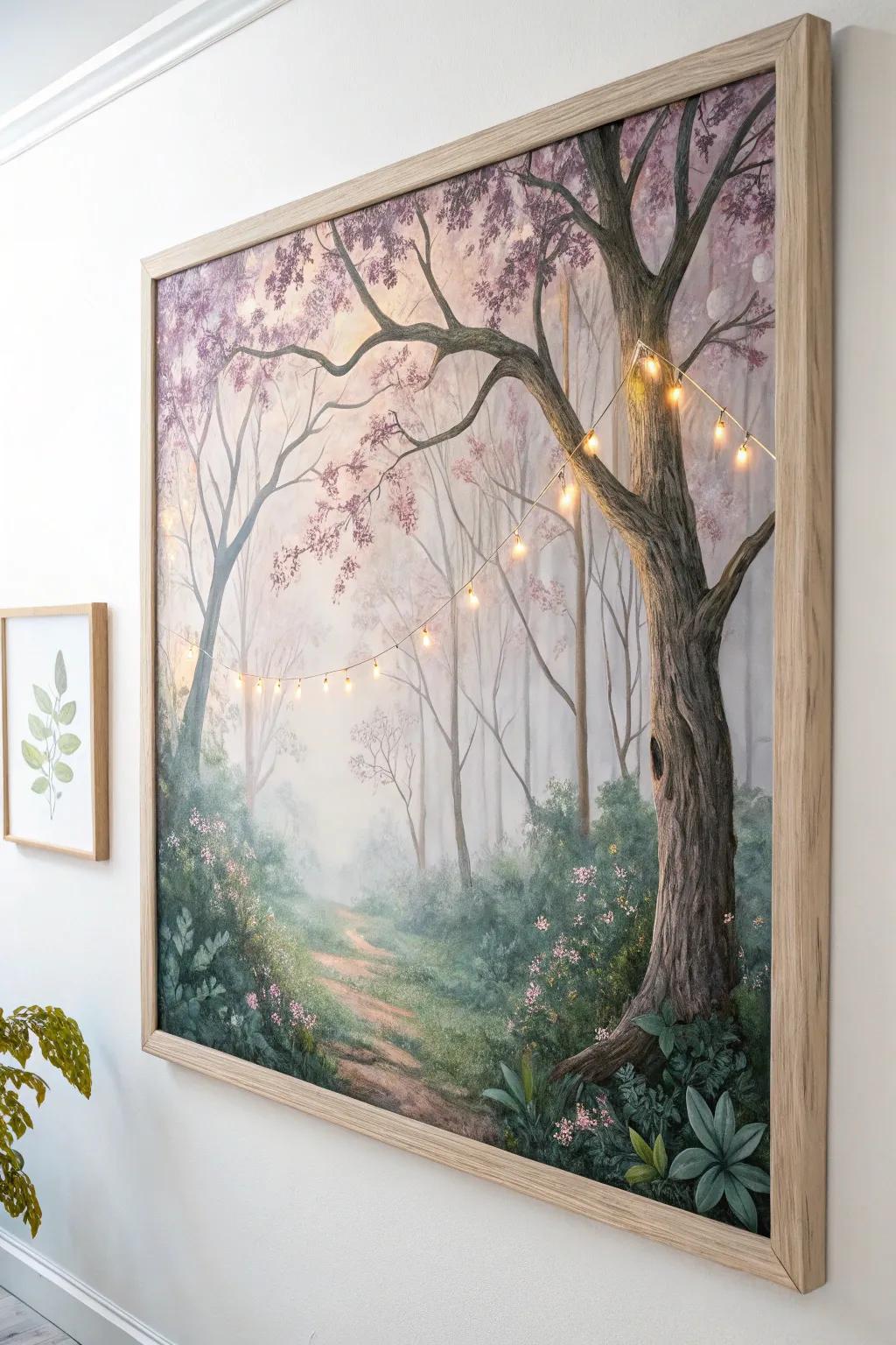 Step into the magic of an enchanted forest with this captivating minimalist artwork that brings a gentle glow to your space.