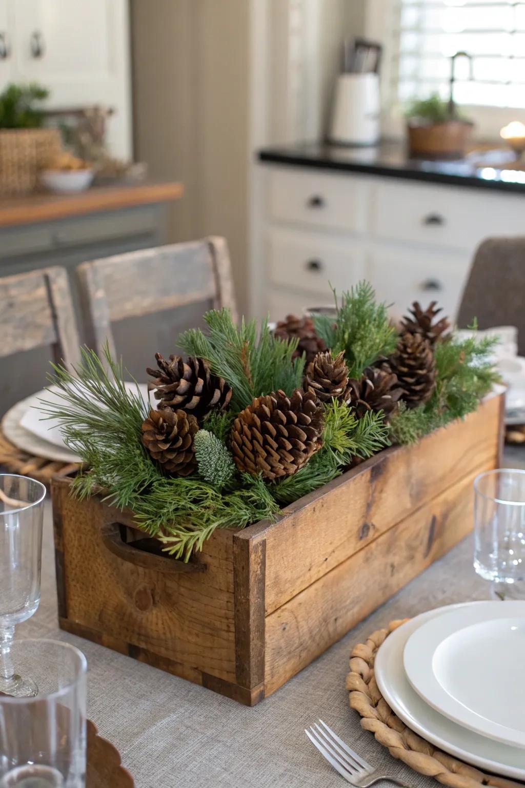 A wooden box filled with pinecones and greenery makes a perfect farmhouse centerpiece.