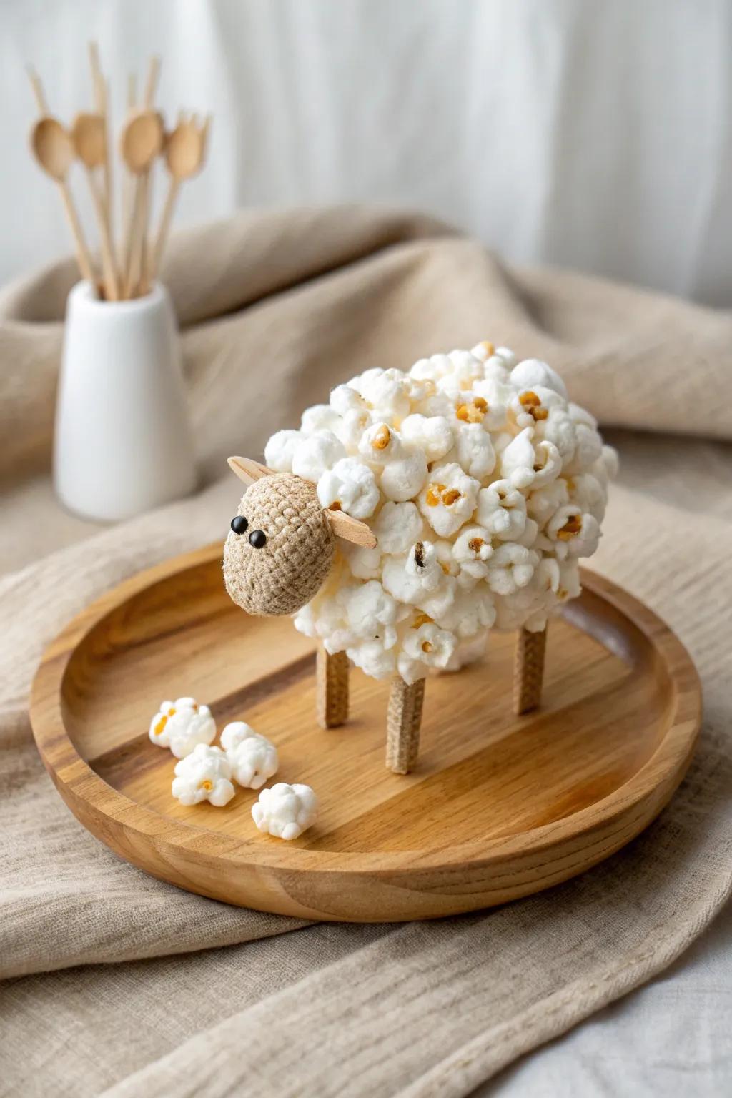 A whimsical popcorn sheep: simplicity meets creativity in a farm-inspired snack!
