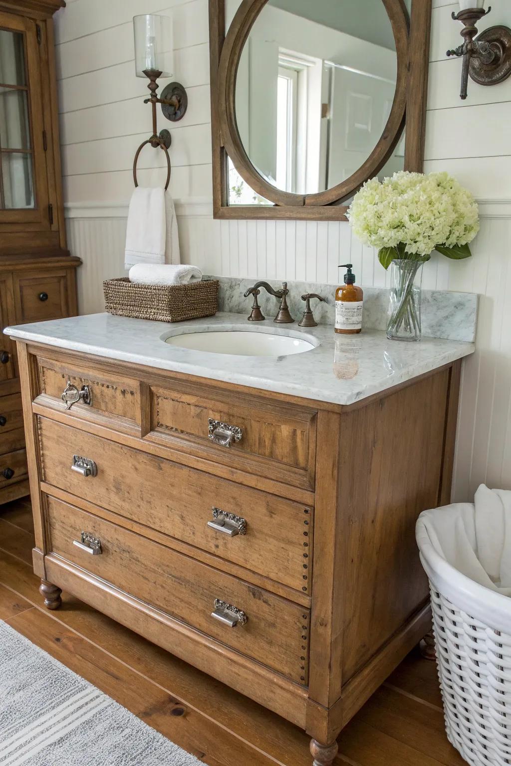 A vintage dresser transformed into a stylish farmhouse bathroom vanity with a marble top.