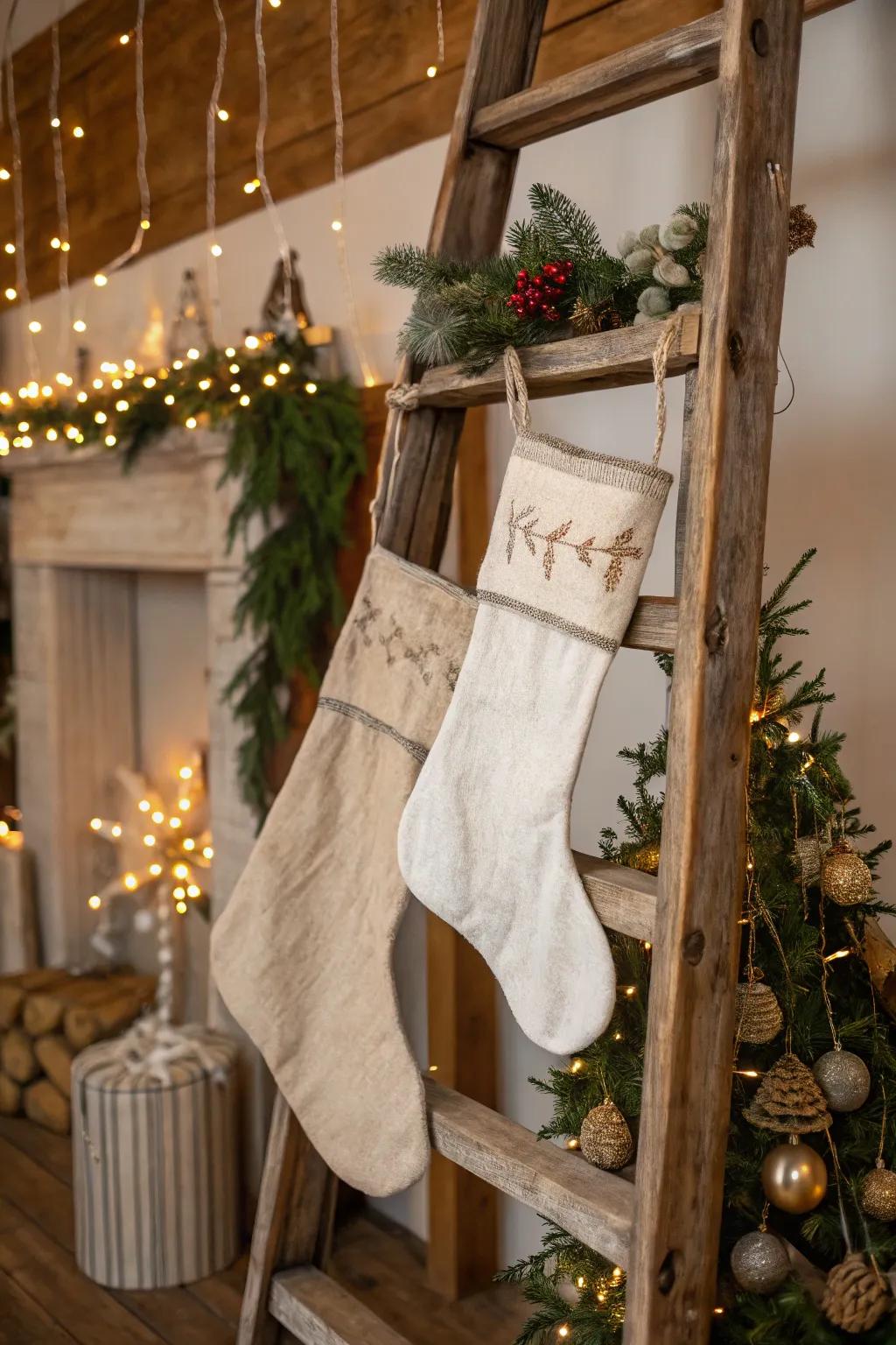 Vintage linen stockings add a nostalgic touch to farmhouse decor.