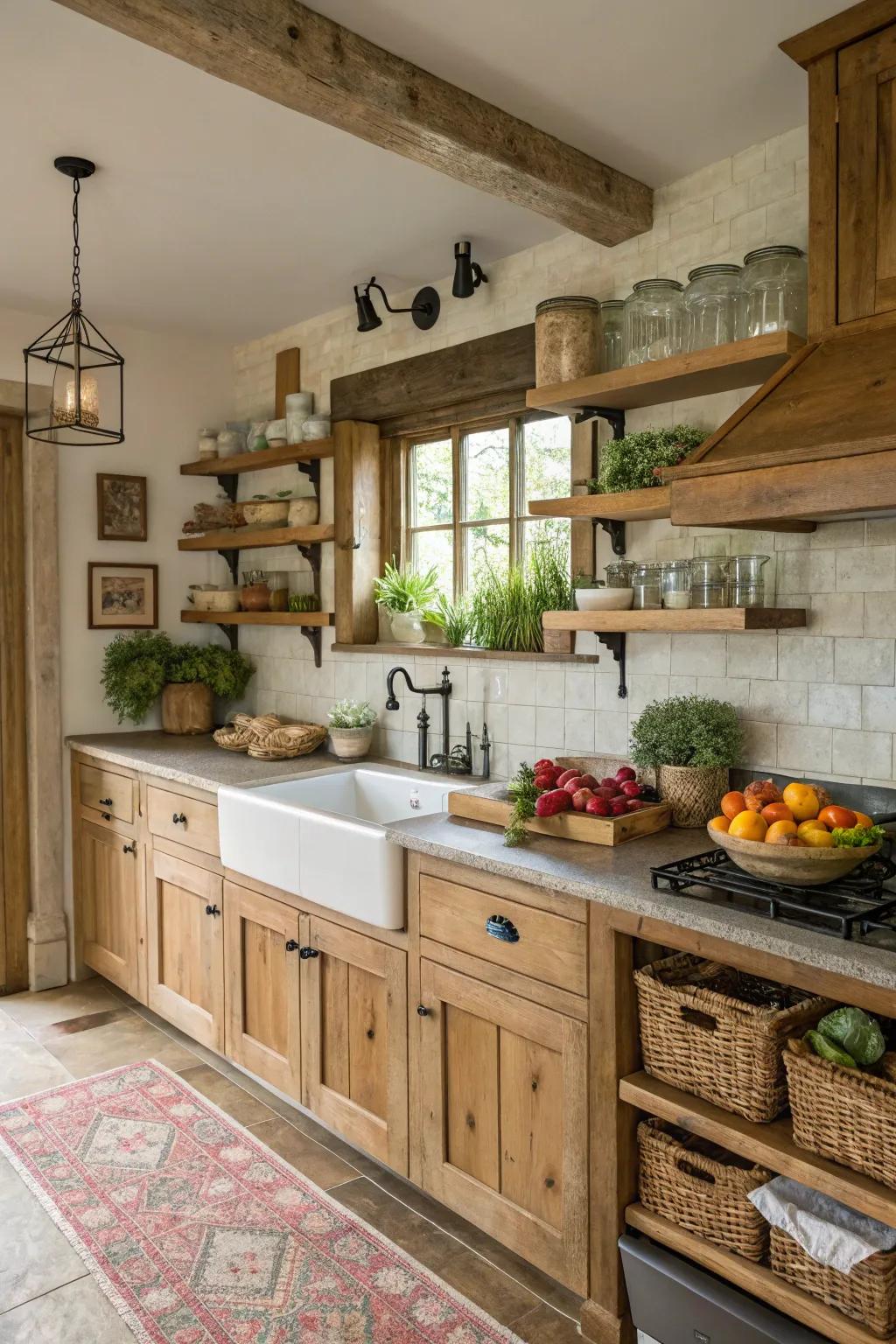 Farmhouse kitchen with open shelving displaying rustic decor.