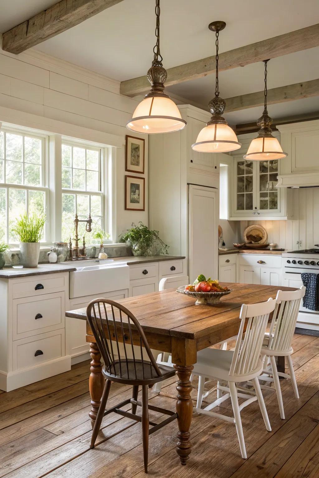 Elegant milk glass pendant lights complement a farmhouse kitchen.