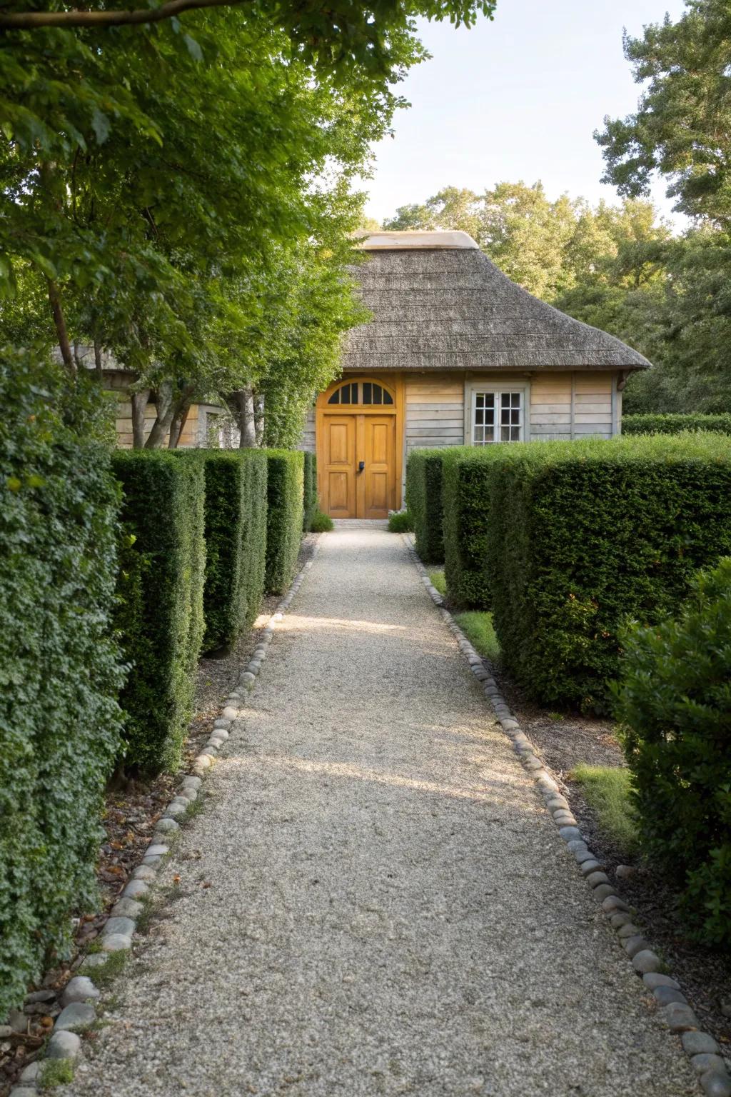 Green borders add a natural elegance to this farmhouse walkway.