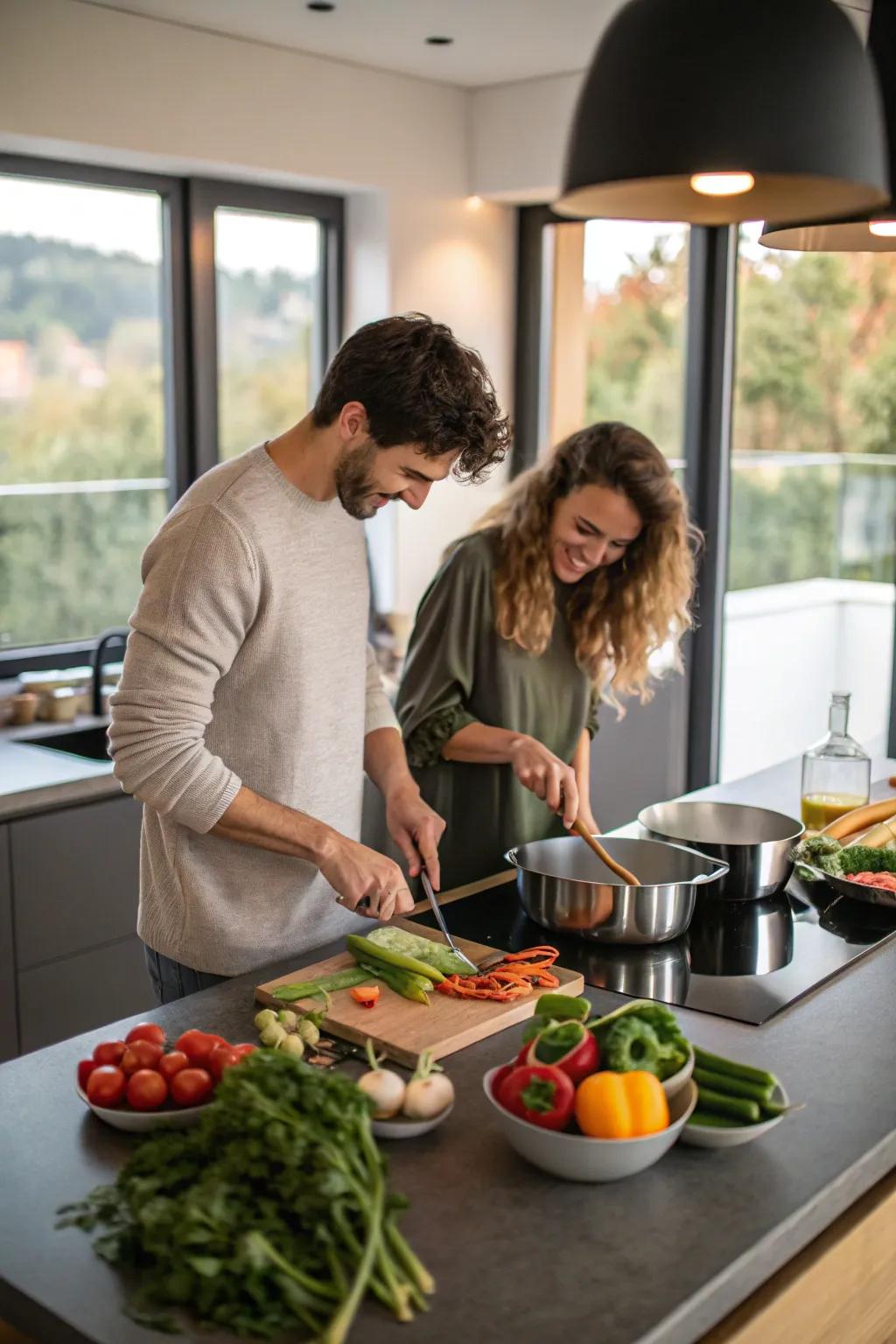 A couple enjoying a gourmet cooking class experience.