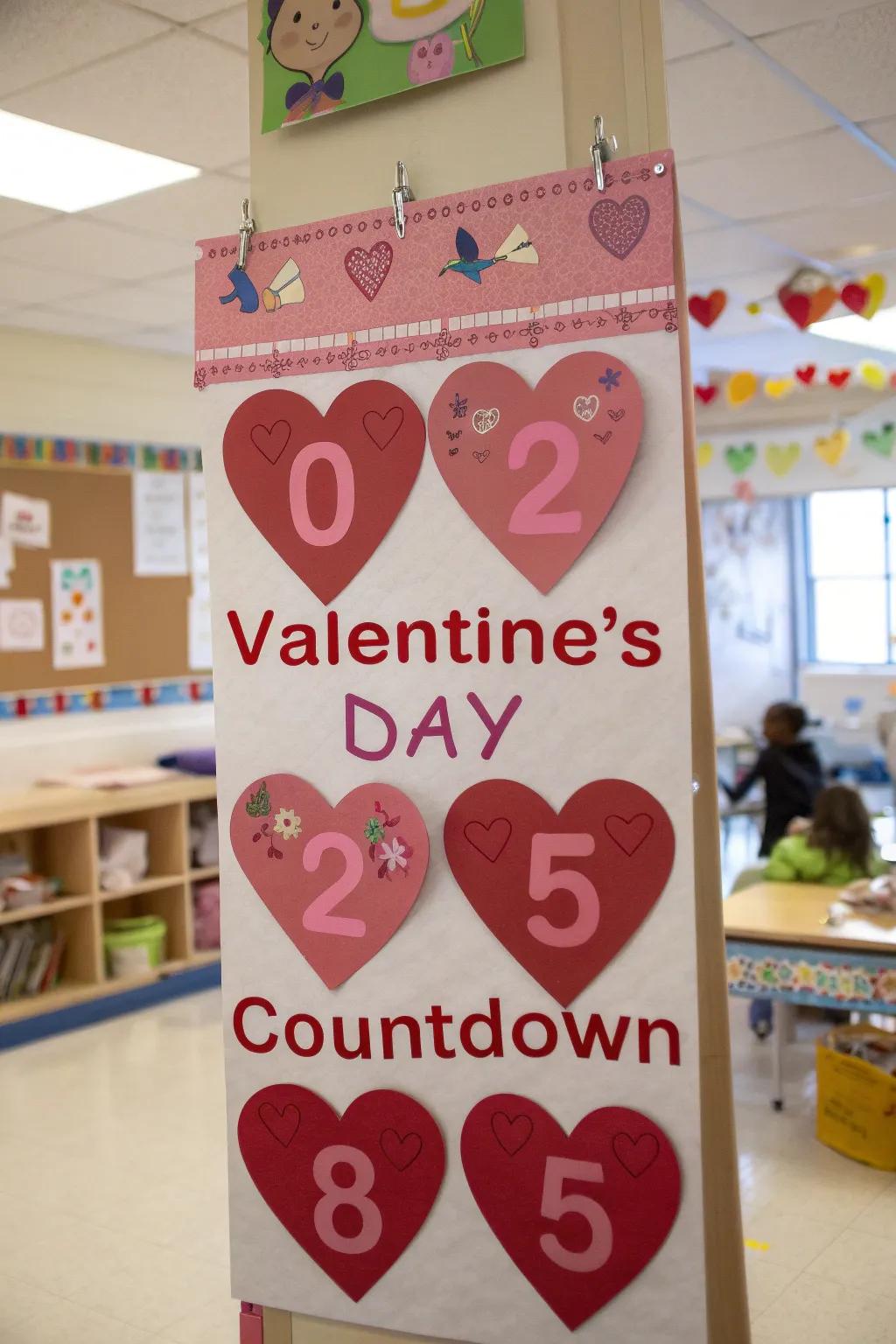 Countdown to Valentine's Day with colorful numbered hearts on a bulletin board.