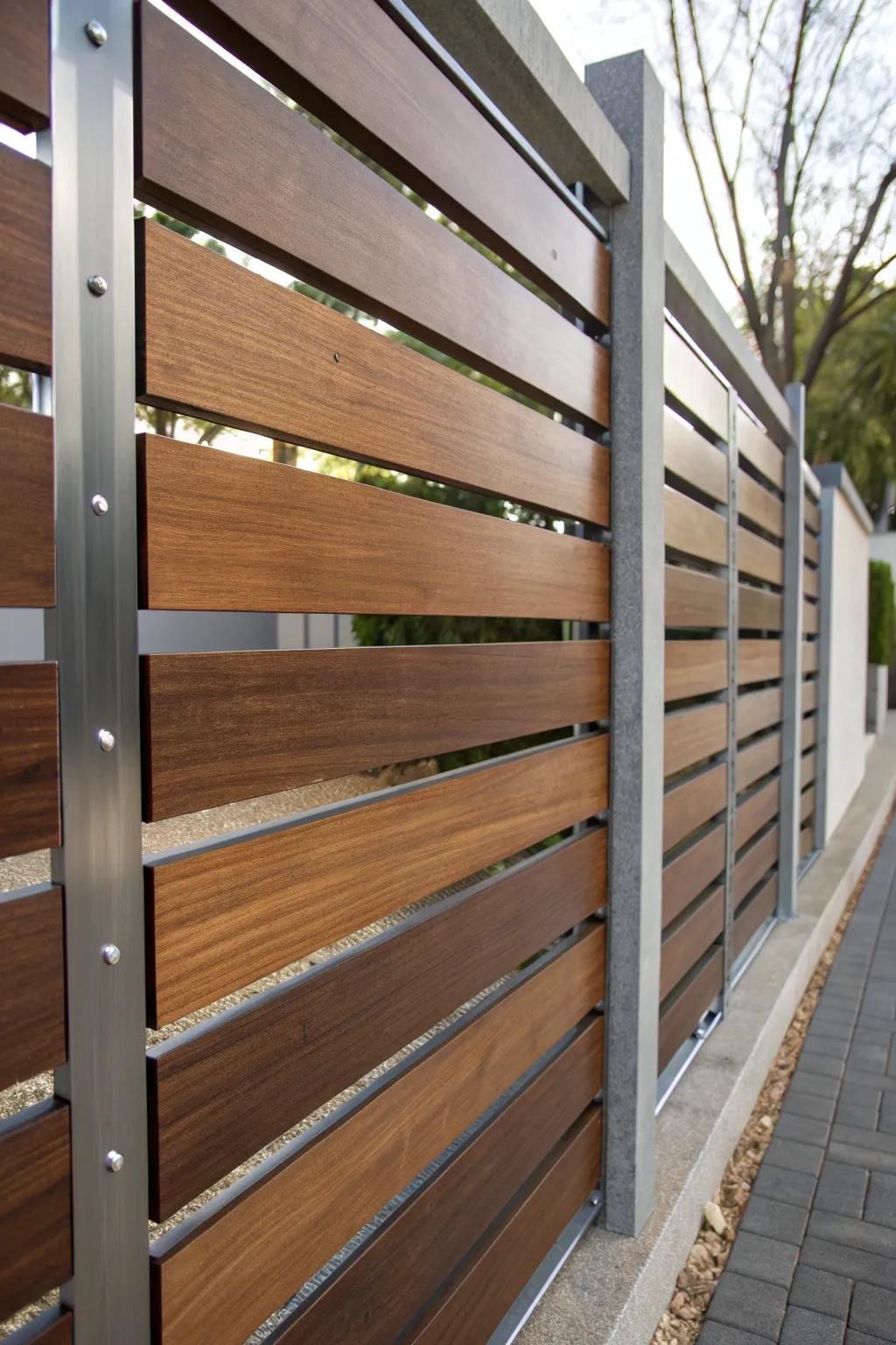 Elevate your fence with chic metal strip inserts for a modern, industrial look.