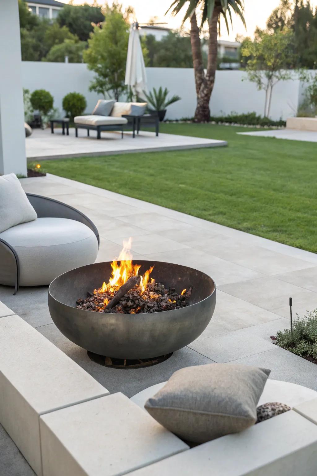 A sleek metal fire bowl adds a touch of modern elegance to any backyard.