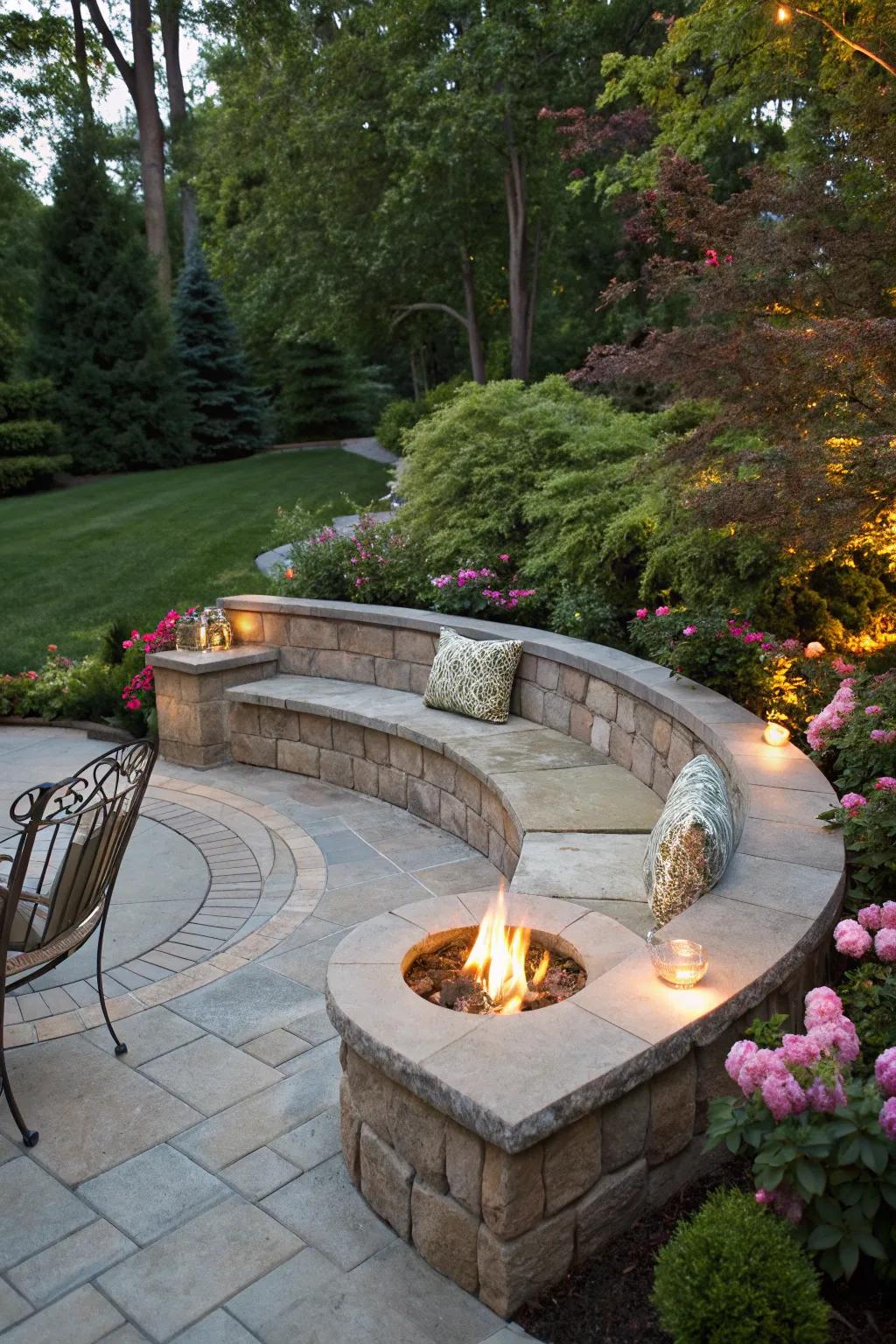 A curved stone bench provides a seamless and stylish fire pit seating option.