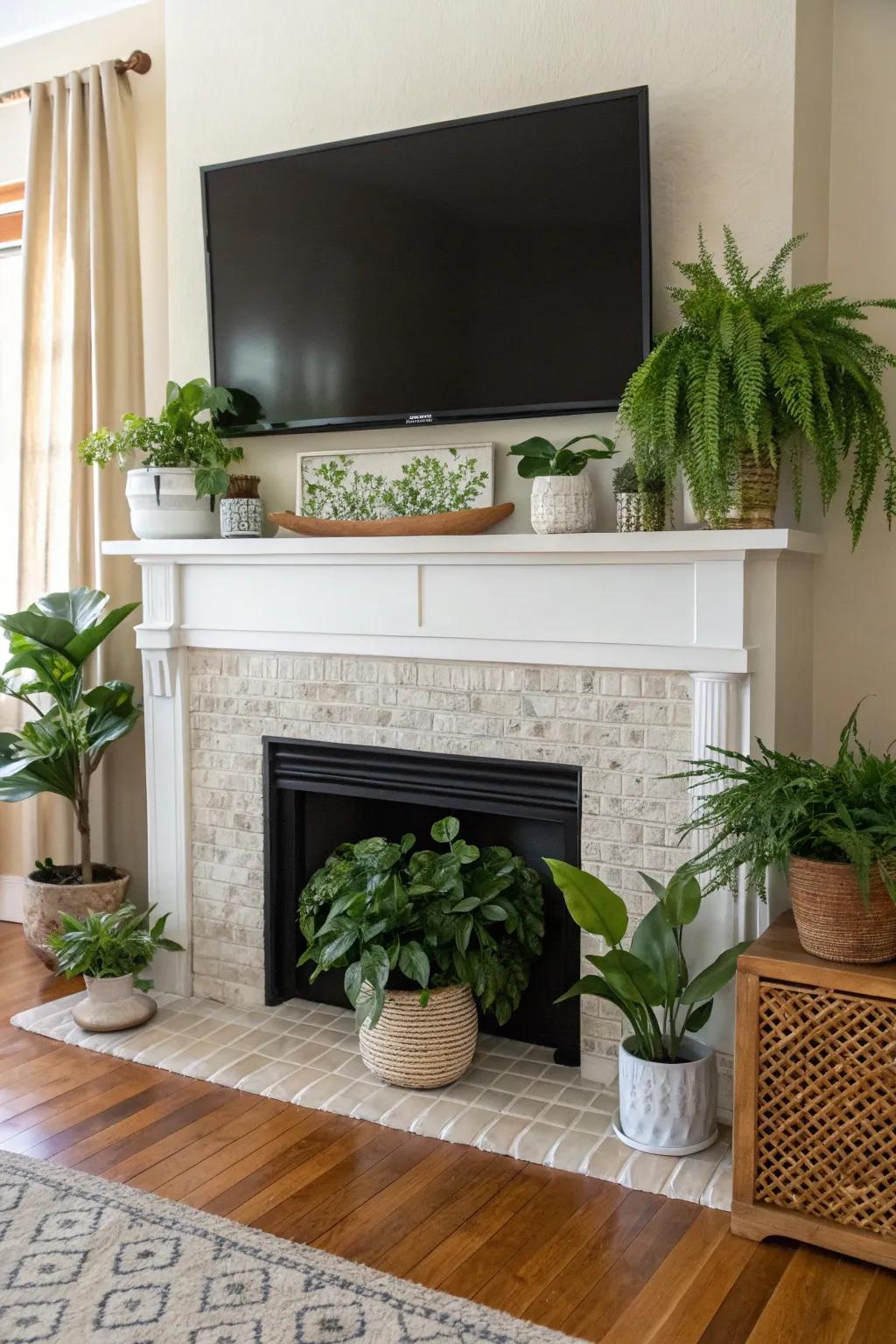 Greenery brings freshness and vitality to the fireplace area.