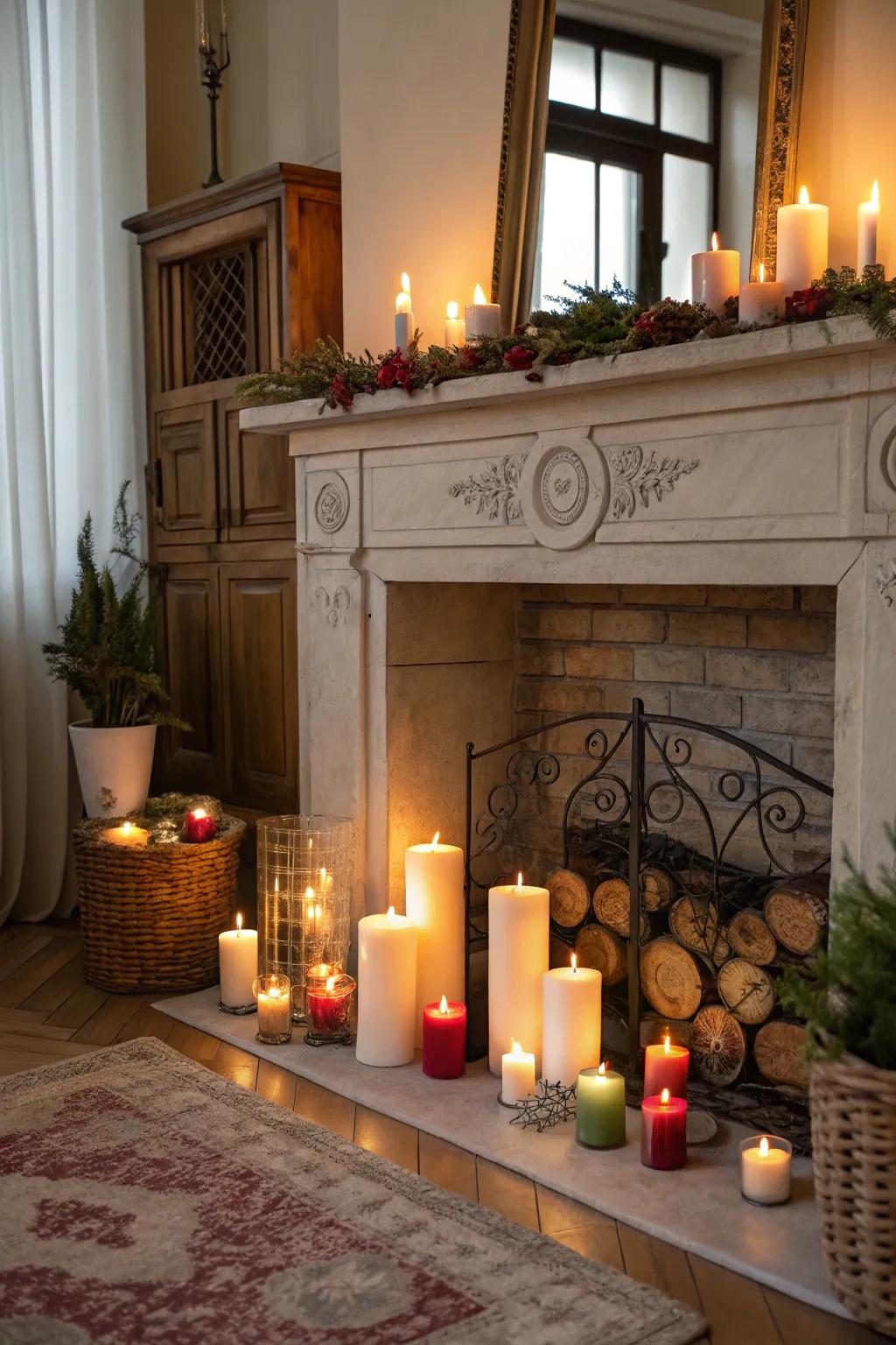 Candles transform an unused fireplace into a glowing focal point.