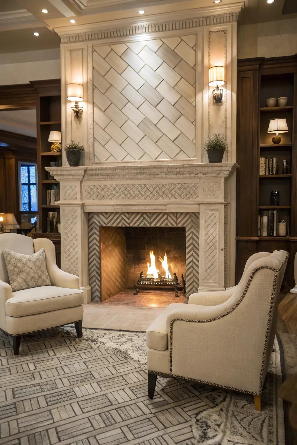 A stylish herringbone tile pattern enhancing the charm of a classic fireplace.