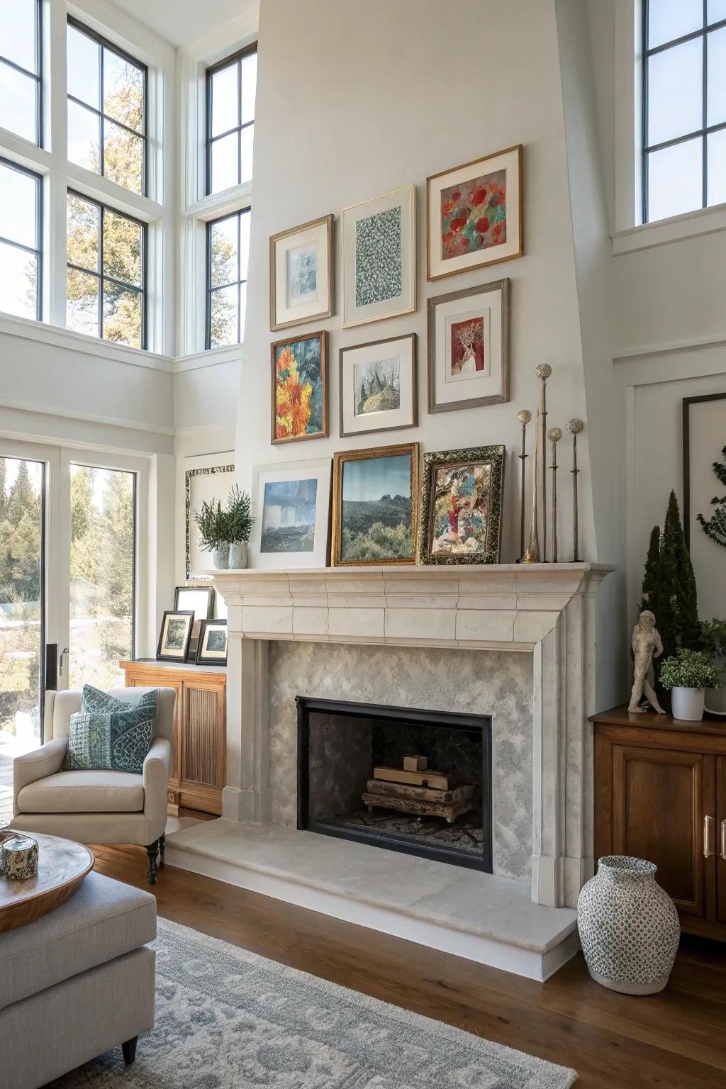 Layering art on your mantel adds depth and a personal touch.