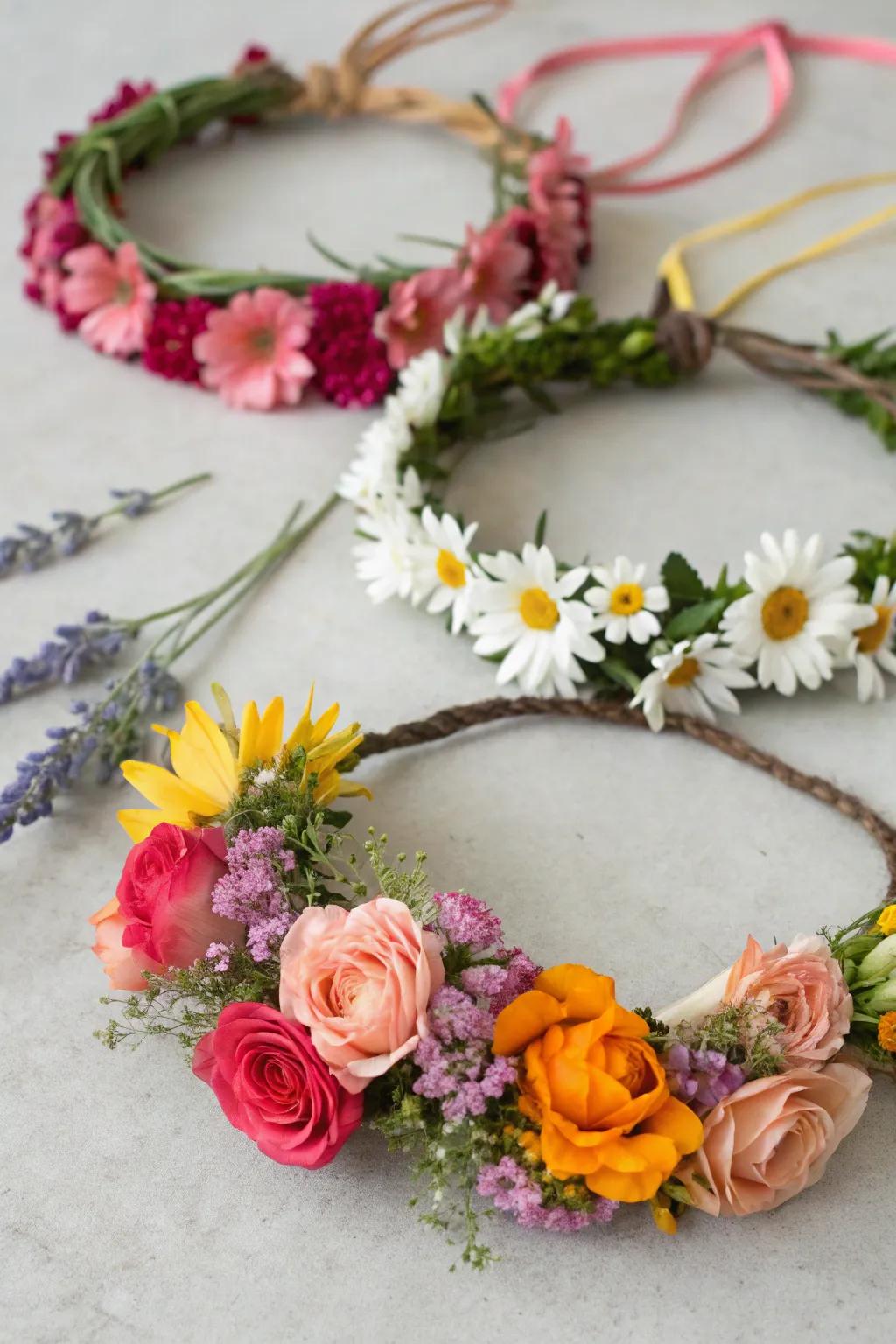 Beautiful handmade flower crowns add a whimsical touch to the celebration.