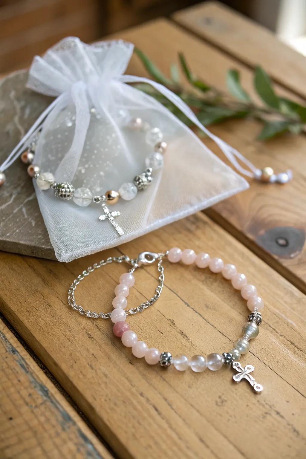 Delicate rosary bracelets make heartfelt keepsakes.