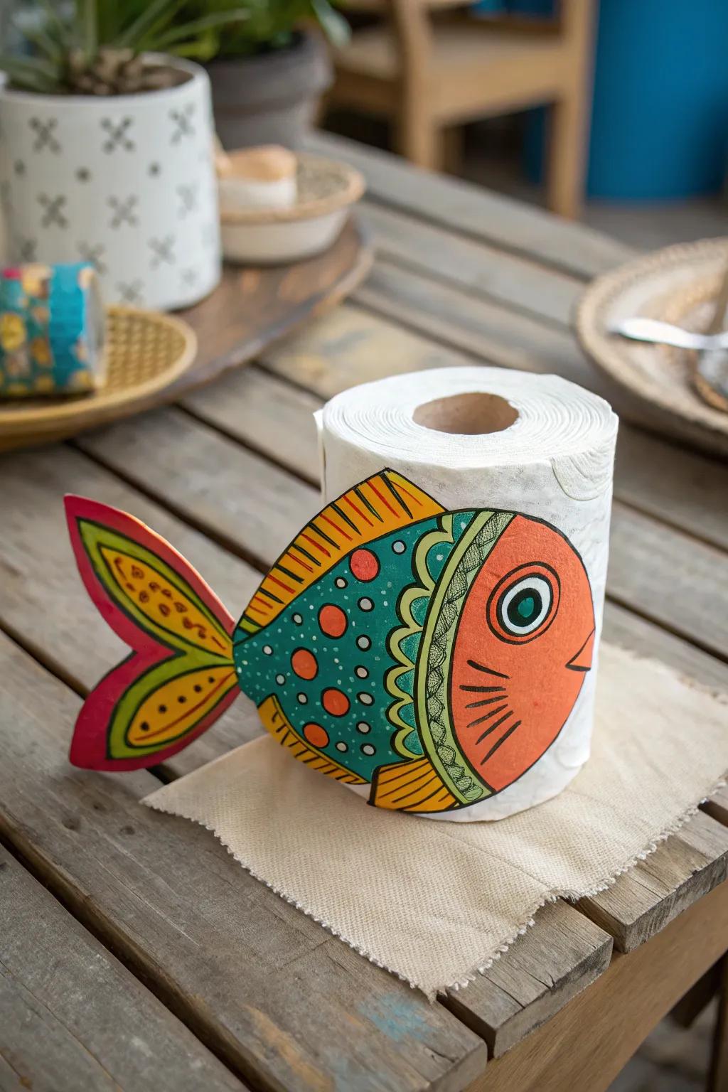 Upcycle toilet paper rolls into vibrant fish creations.