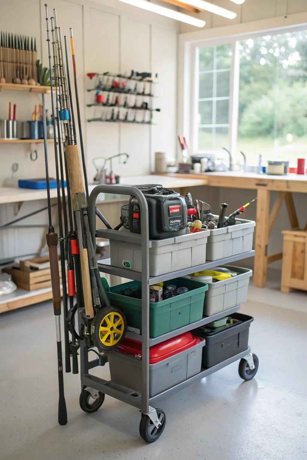 A rolling cart provides mobile and convenient access to fishing gear.