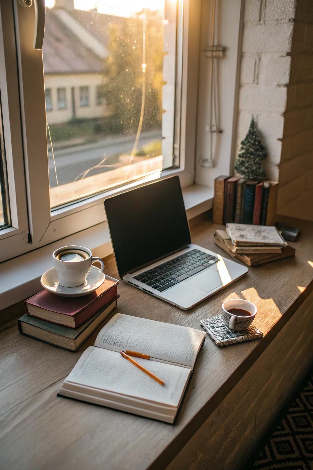 A charming window nook transformed into a functional floor workspace.