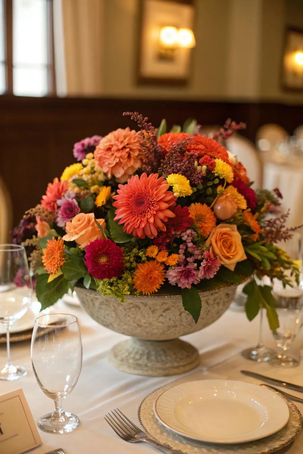 Luxurious low floral centerpiece perfect for dining tables.