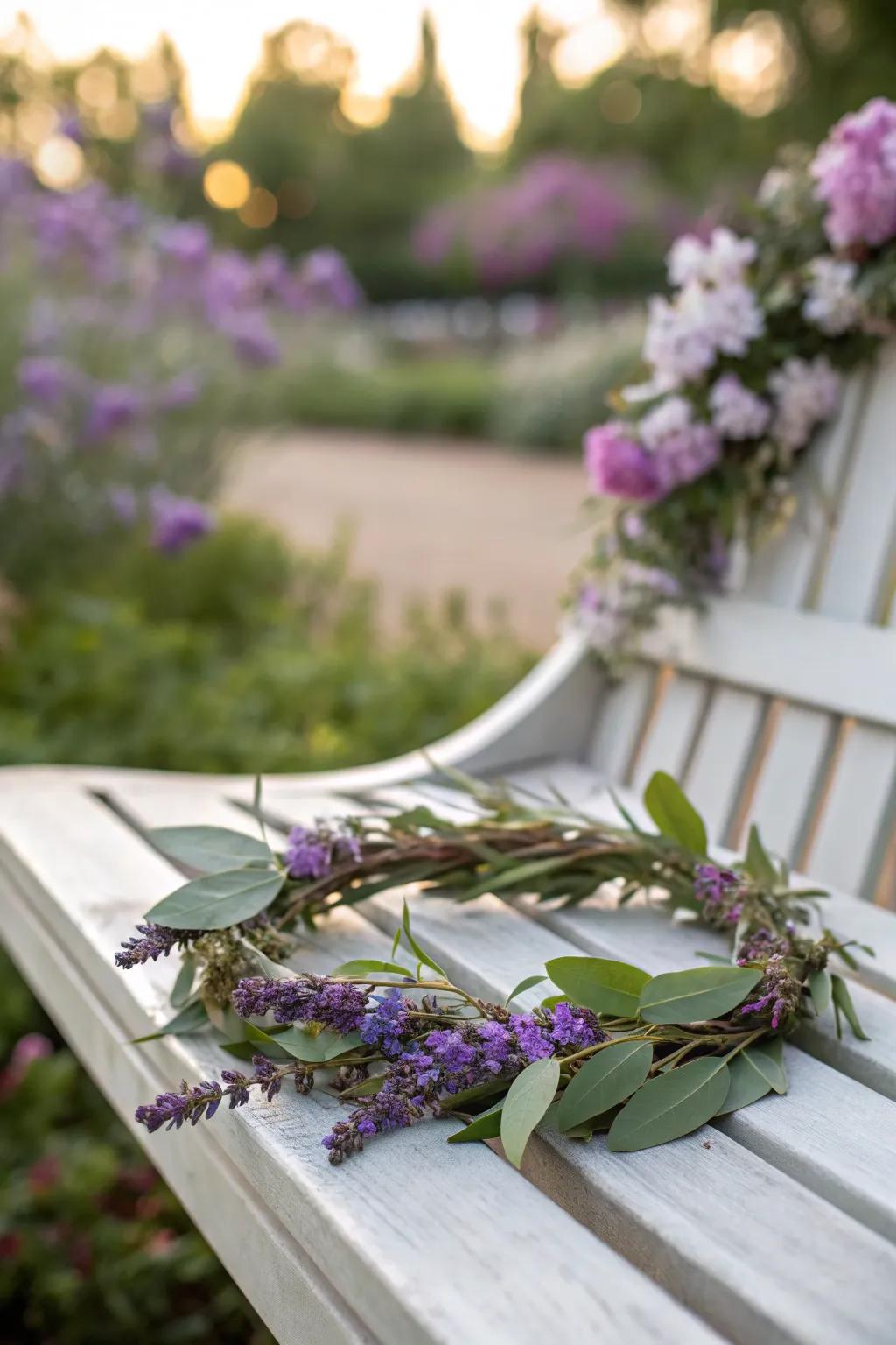 A calming lavender crown mixed with fresh eucalyptus leaves.