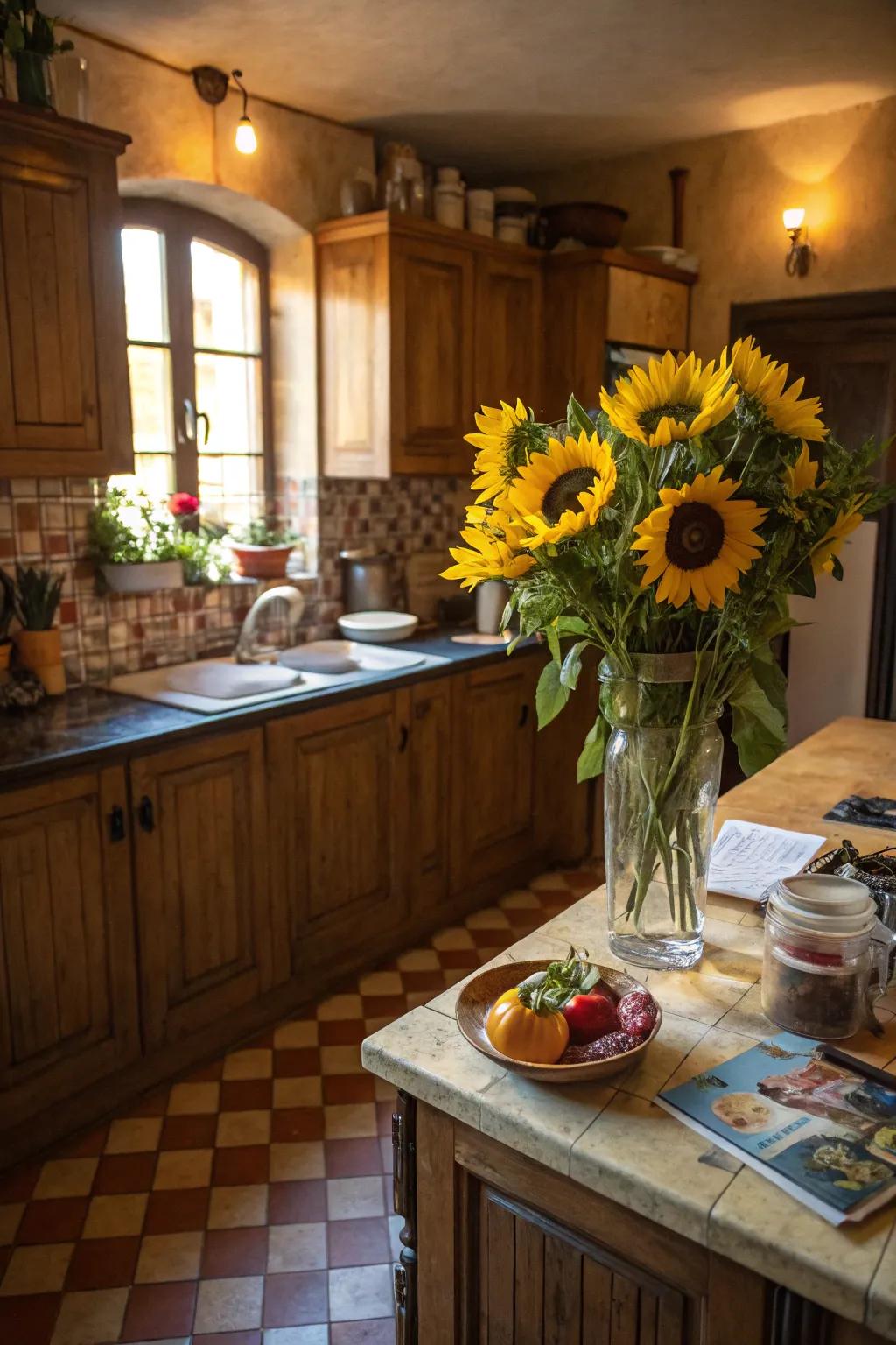 Sunflowers add a burst of sunshine to indoor spaces.