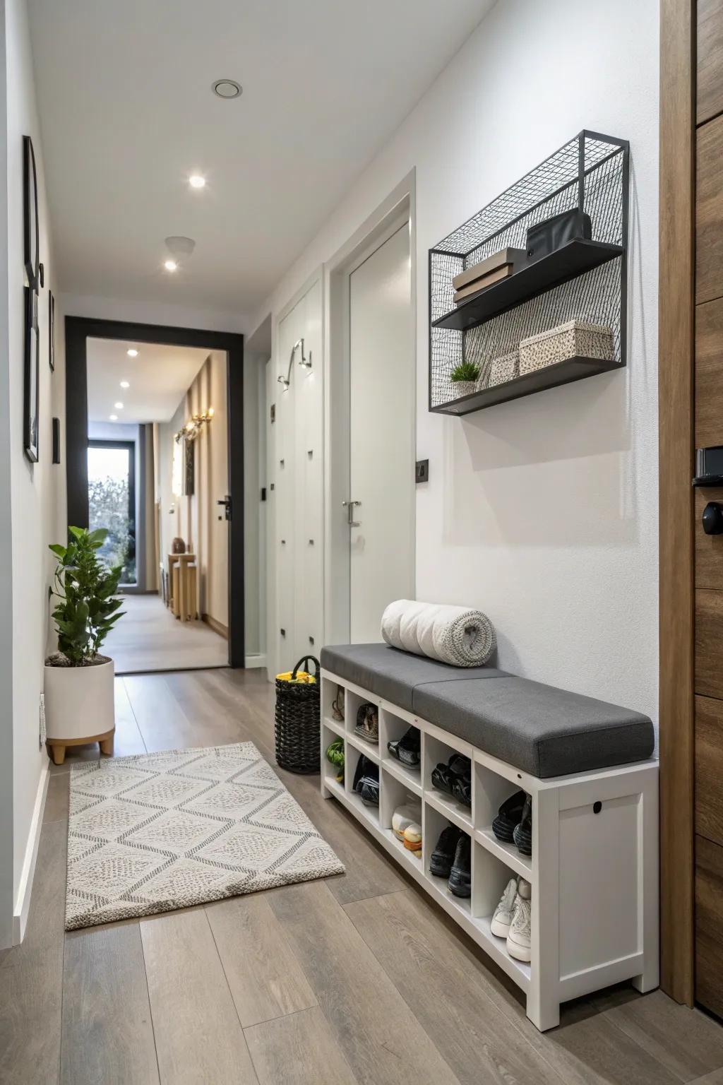 A storage bench doubles as a foam roller hideaway.