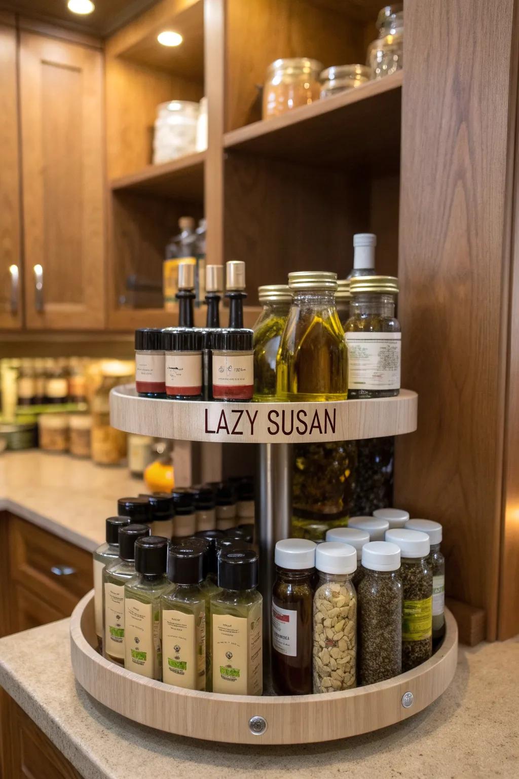 A lazy Susan simplifies access to condiments in the pantry.