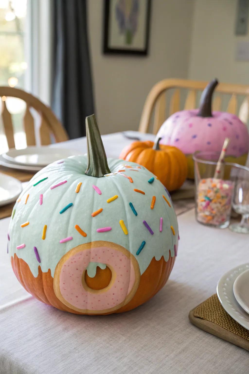 This donut pumpkin is a fun and whimsical addition to your decor.