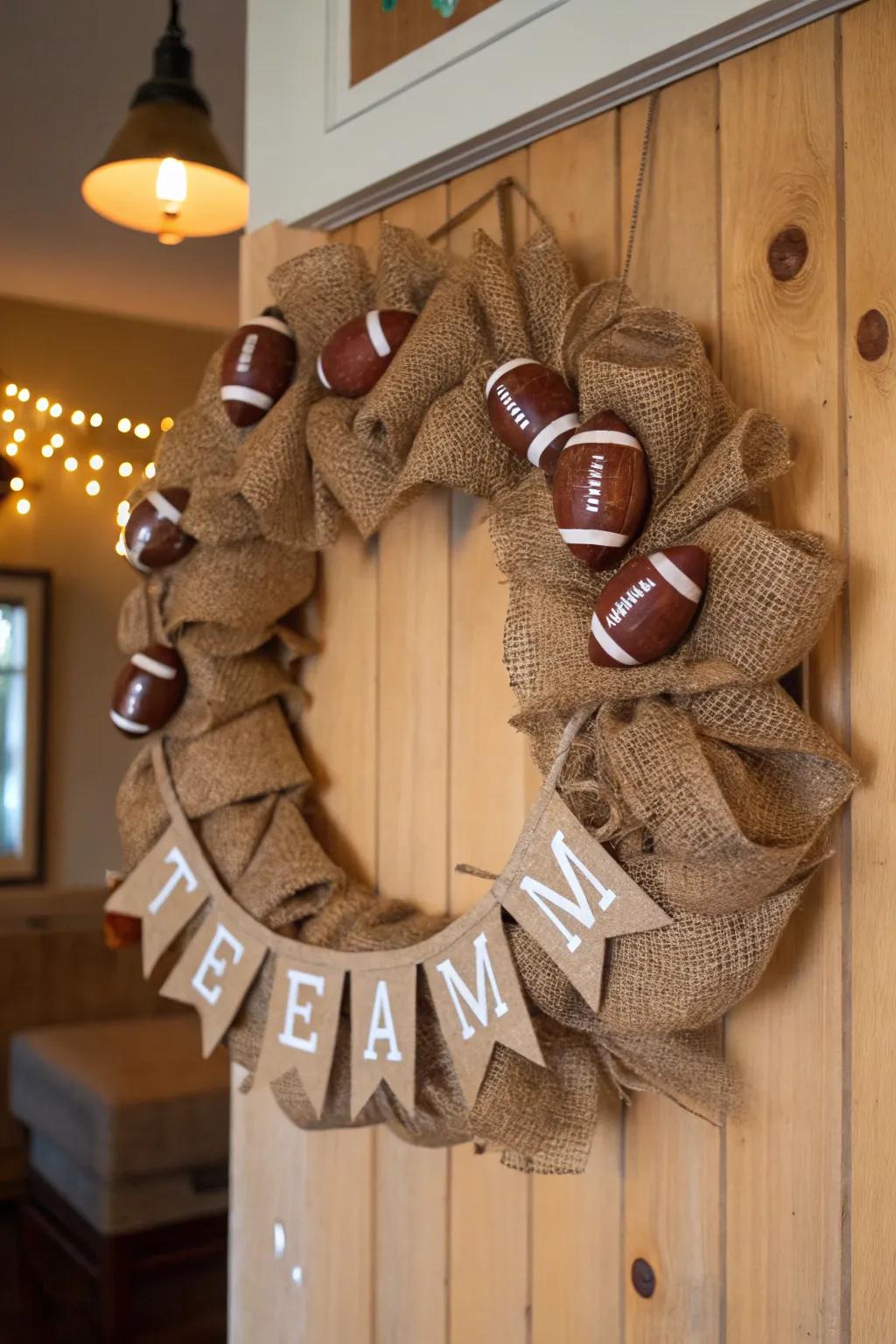 Rustic burlap meets football chic in this cozy wreath design.