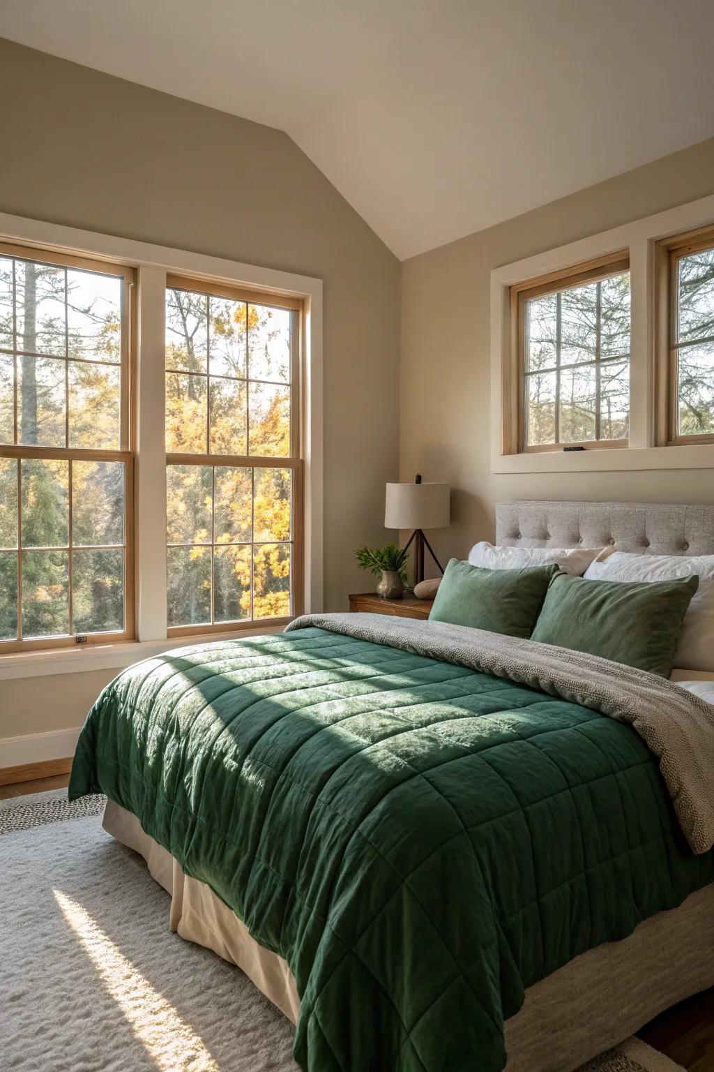 Forest green bedding paired with neutral tones creates a serene atmosphere.