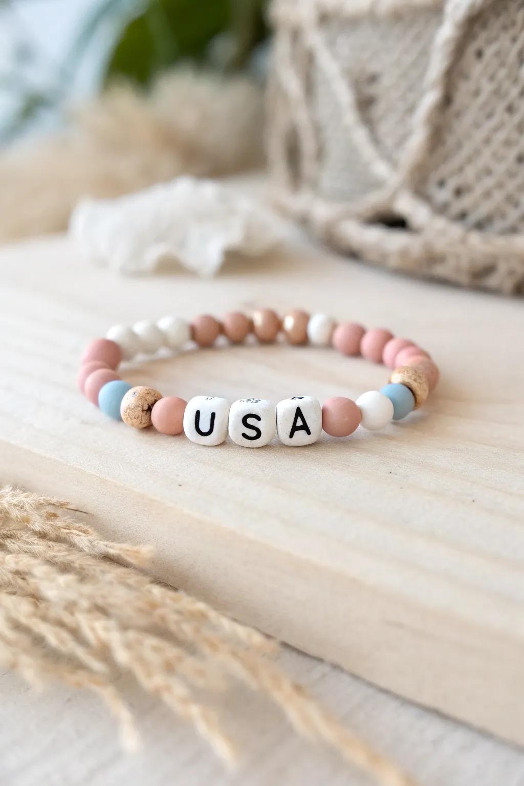Celebrate in style with a touch of elegance—handcrafted 'USA' clay bead bracelet, perfect for sparking conversations this Fourth of July!