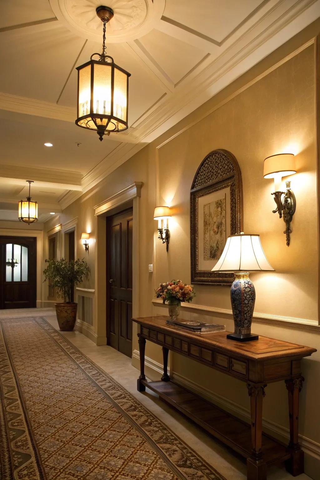 Layered lighting in the foyer adds depth and warmth to the space.