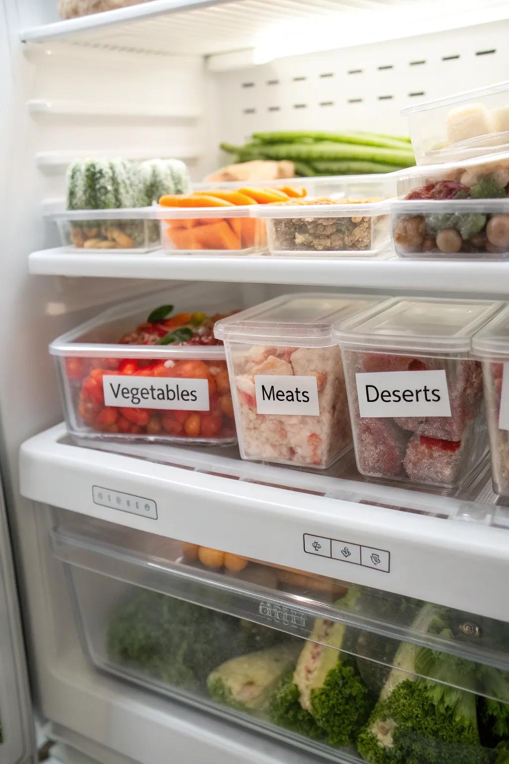 Clear bins offer a glimpse into your freezer's contents at a glance.