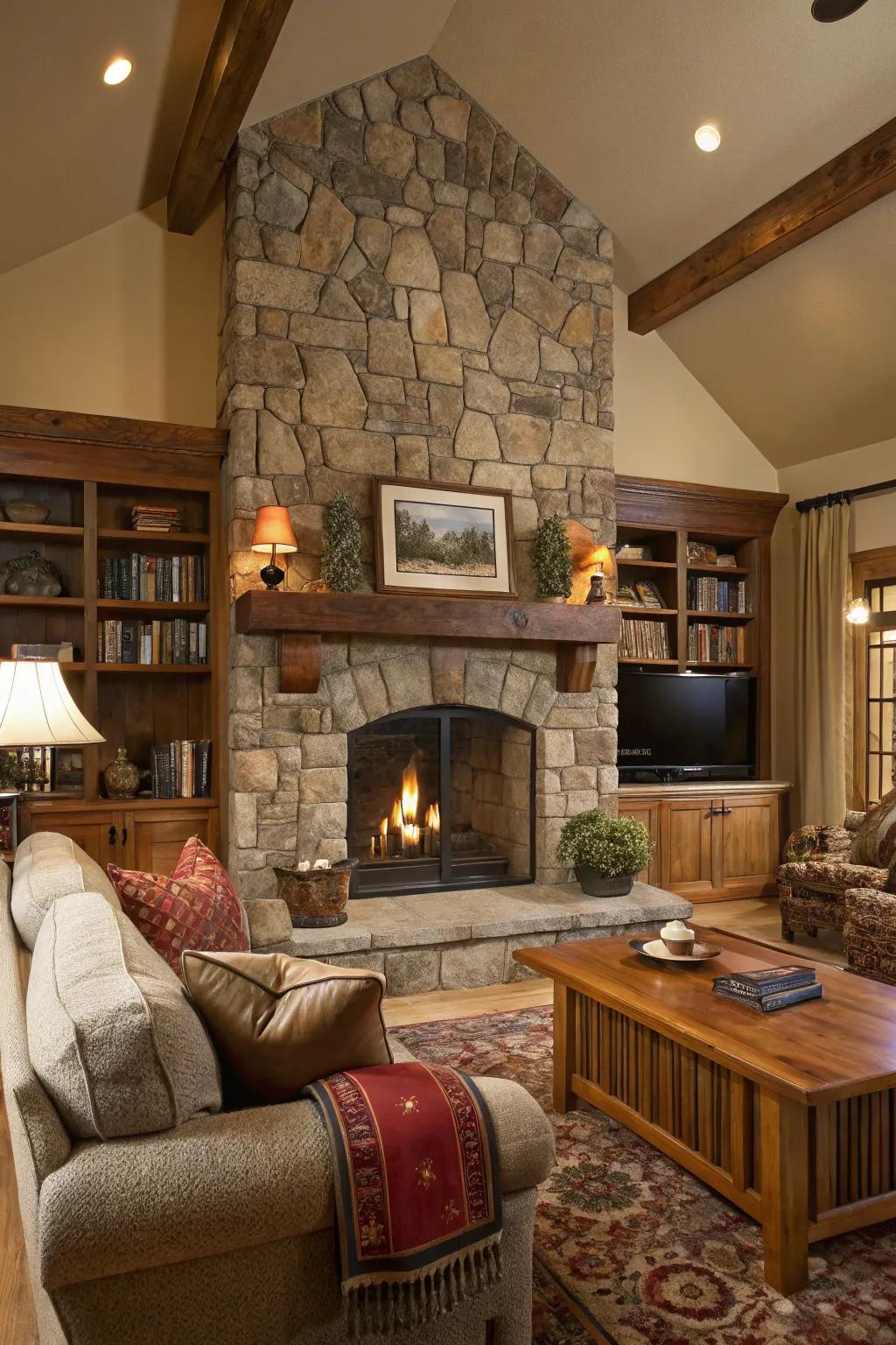 A stone fireplace serves as a stunning centerpiece in French country decor.