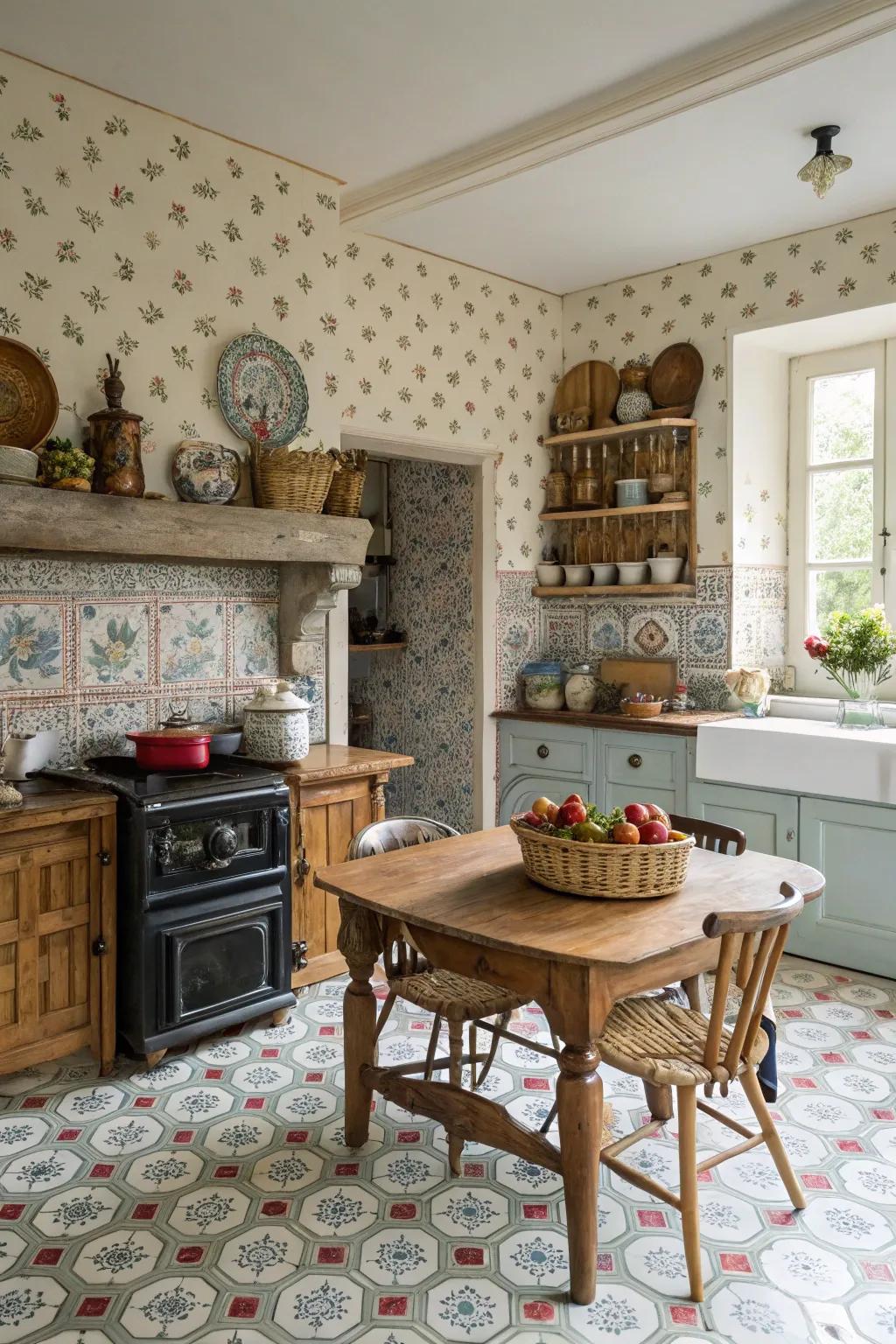 A harmonious mix of patterns in a French country kitchen.