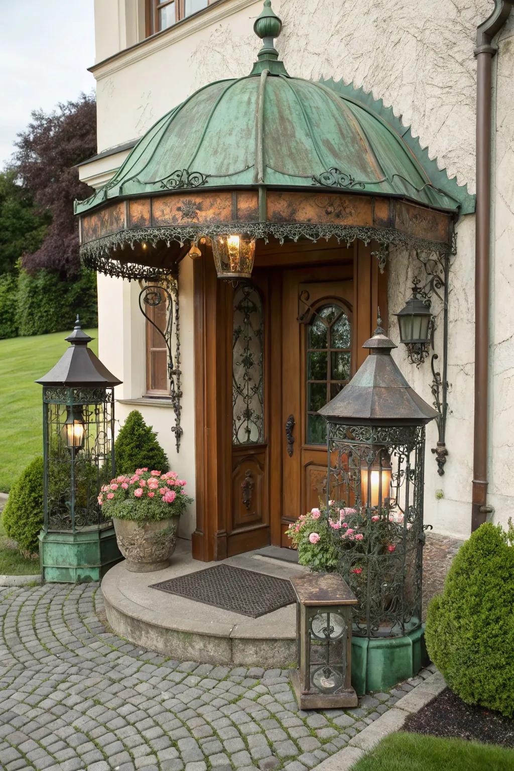 A copper canopy with a patina for a classic entrance.