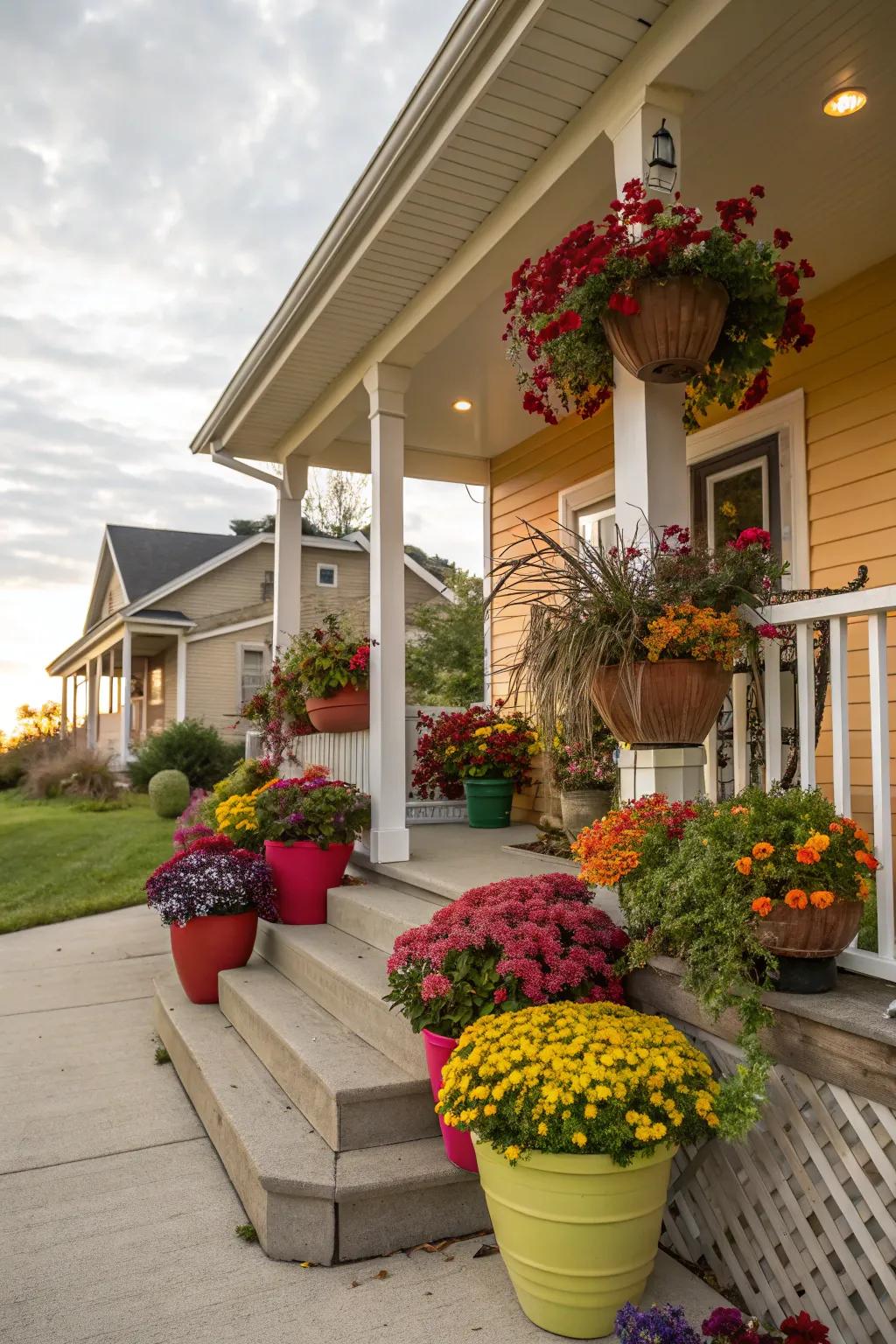 Vibrant planters frame the entrance beautifully.