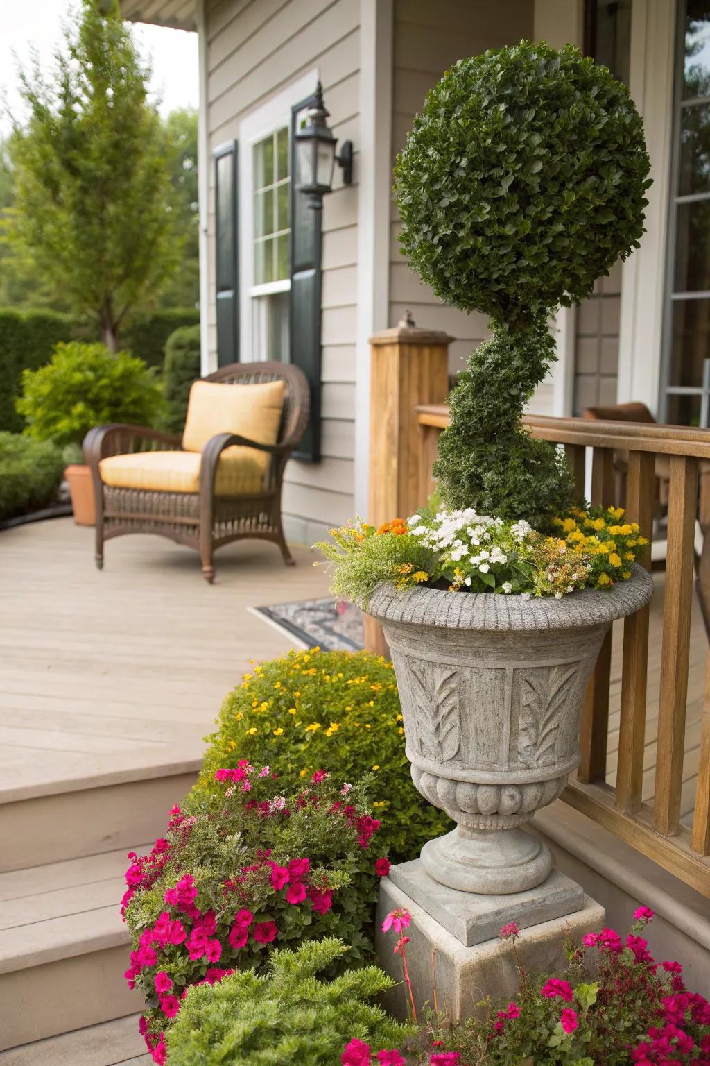 A boxwood topiary brings timeless elegance to the porch.